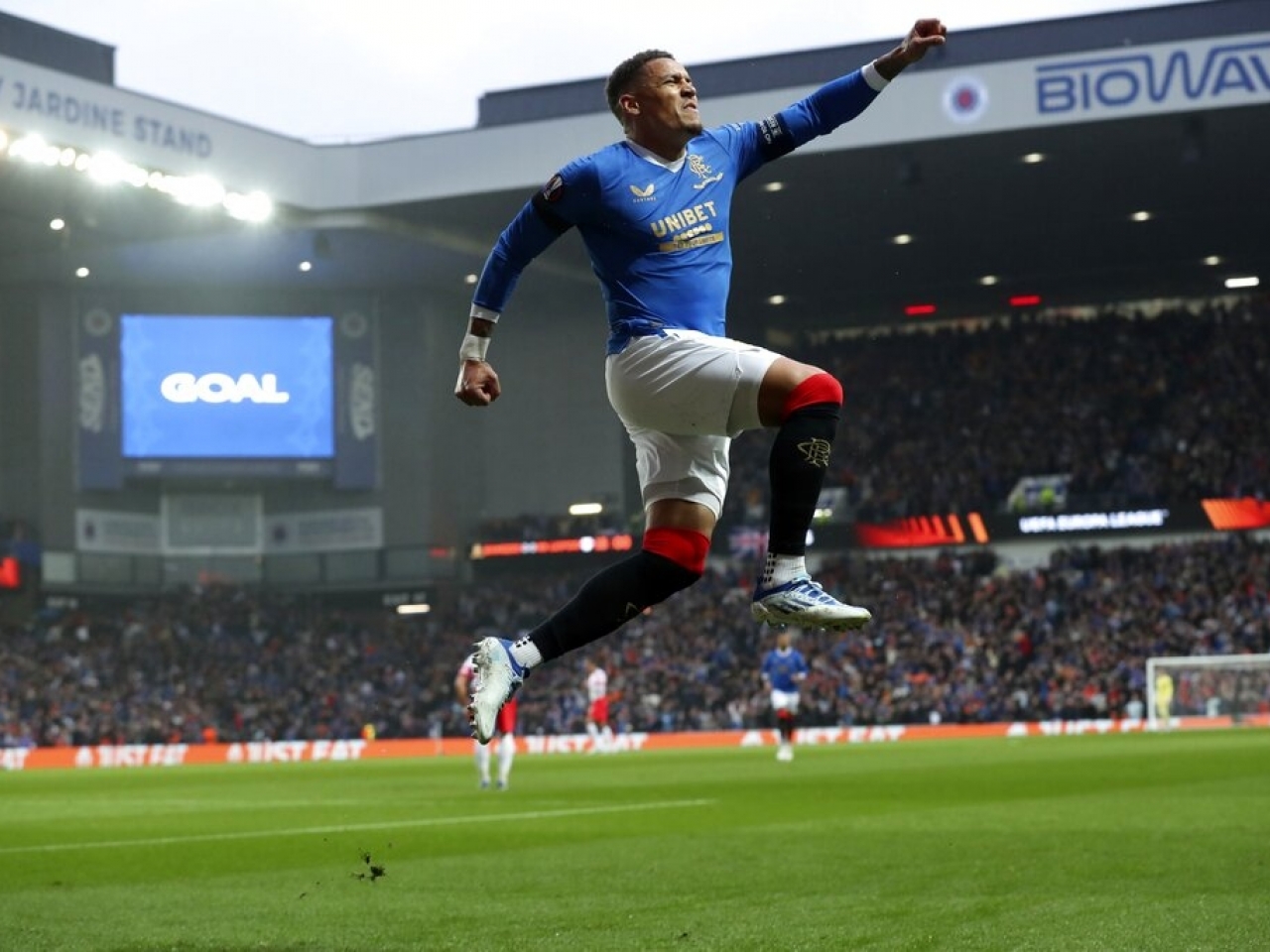 Rangers' James Tavernier celebrates after scoring against RB Leipzig during their Europa League semifinal second leg match at Ibrox Stadium in Glasgow. Rangers won 3-1 on the night, 3-2 on aggregate. Photo: AP