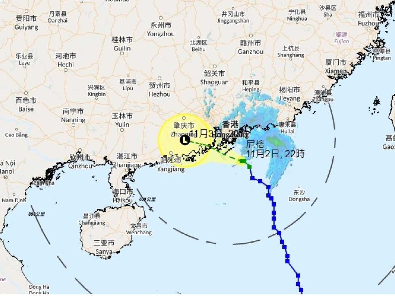 尼格集結在天文台東南偏南約60公里。（天文台網頁）