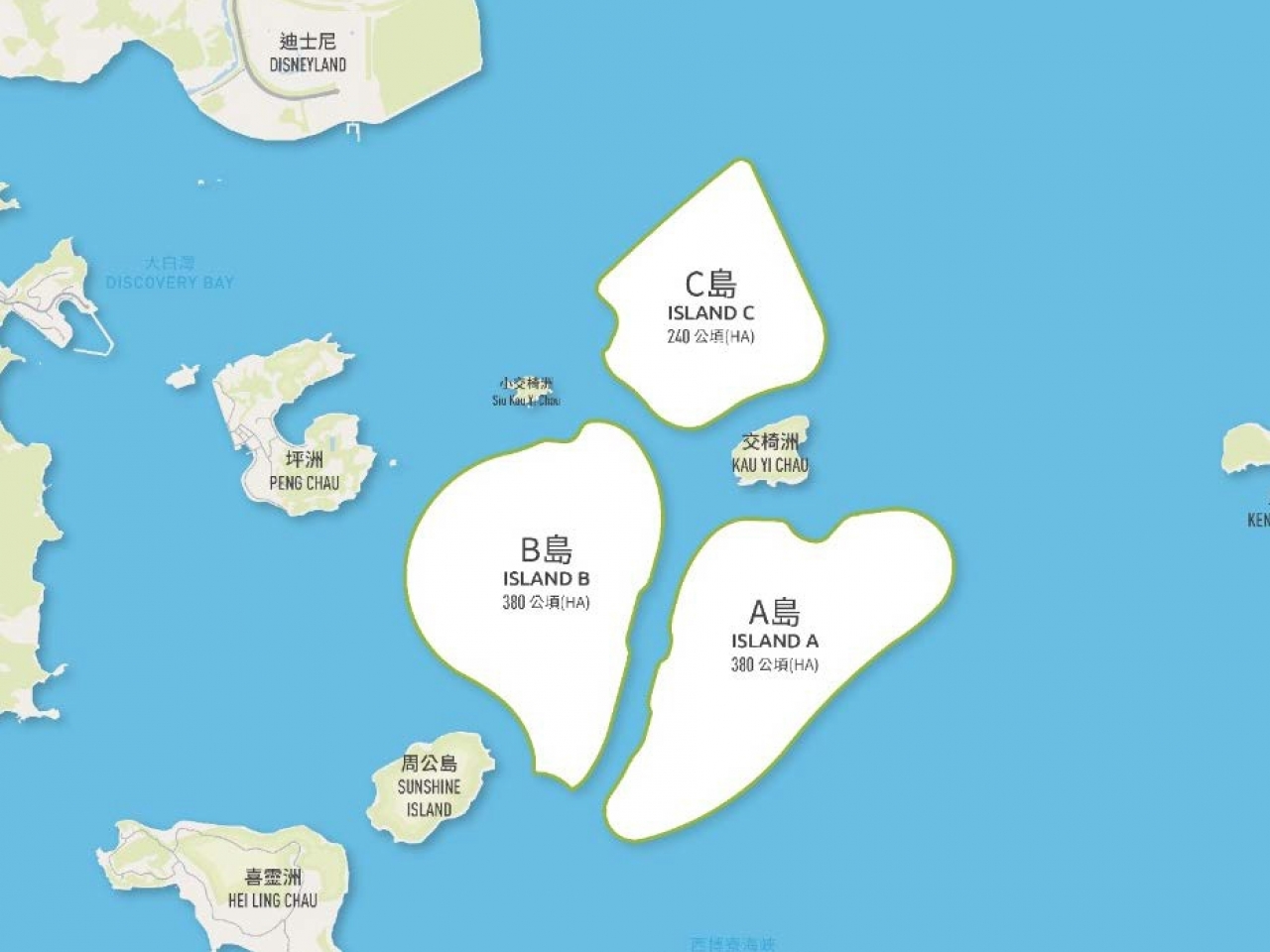 1000公頃的交椅洲人工島由三個島嶼組成，稱為A、B、C島，並以一個「Y形」水道分隔各島。（發展局）