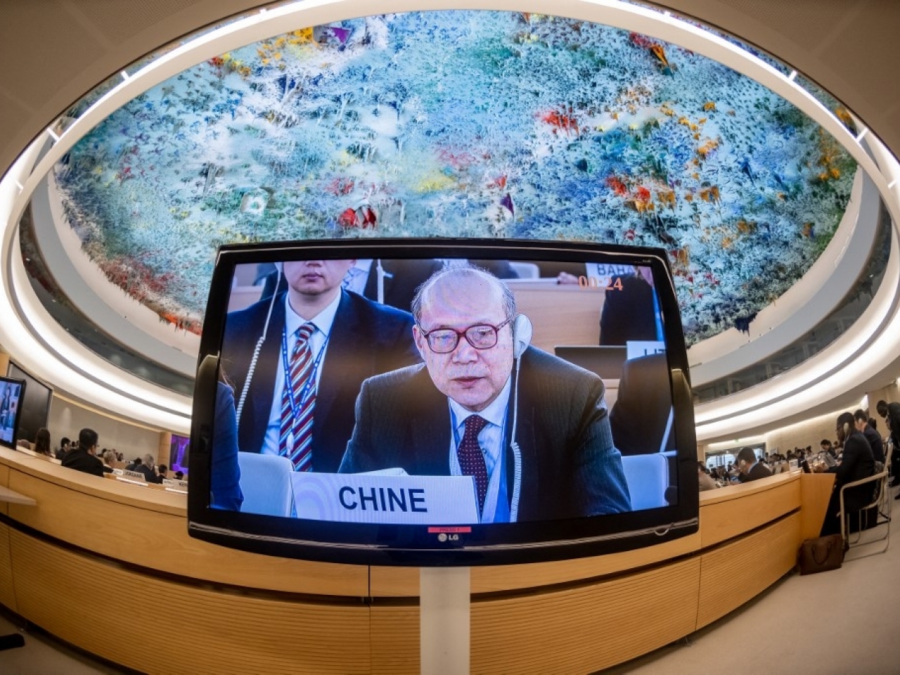 陳旭在聯合國人權理事會會議上表示，今天的新疆、西藏和香港經濟持續發展、社會和諧穩定。（法新社資料圖片）