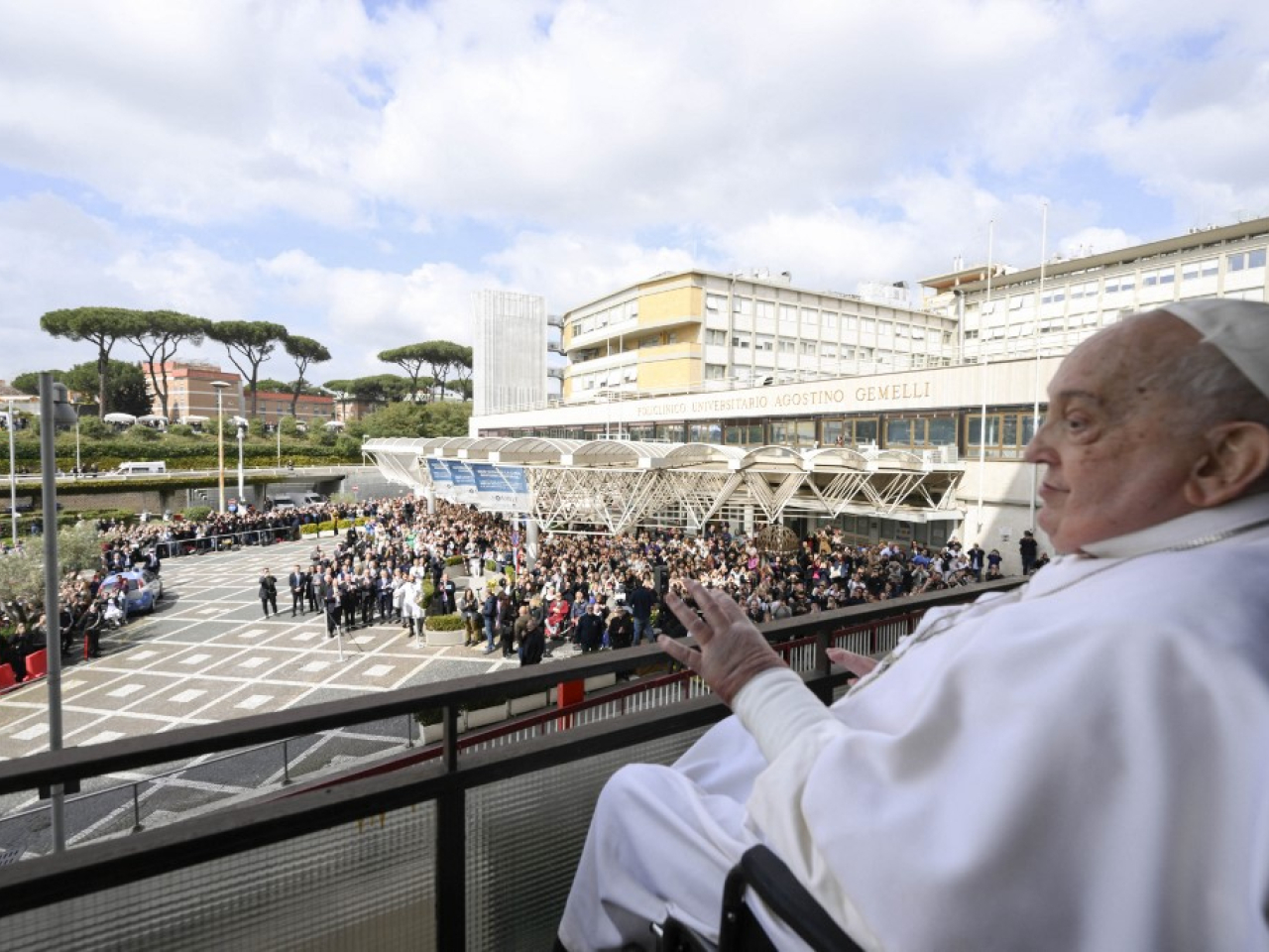 Pope Francis waving to the crowd from a window of the Gemelli hospital in Rome before being discharged following a five weeks hospitalization for pneumonia. Photo: AFP