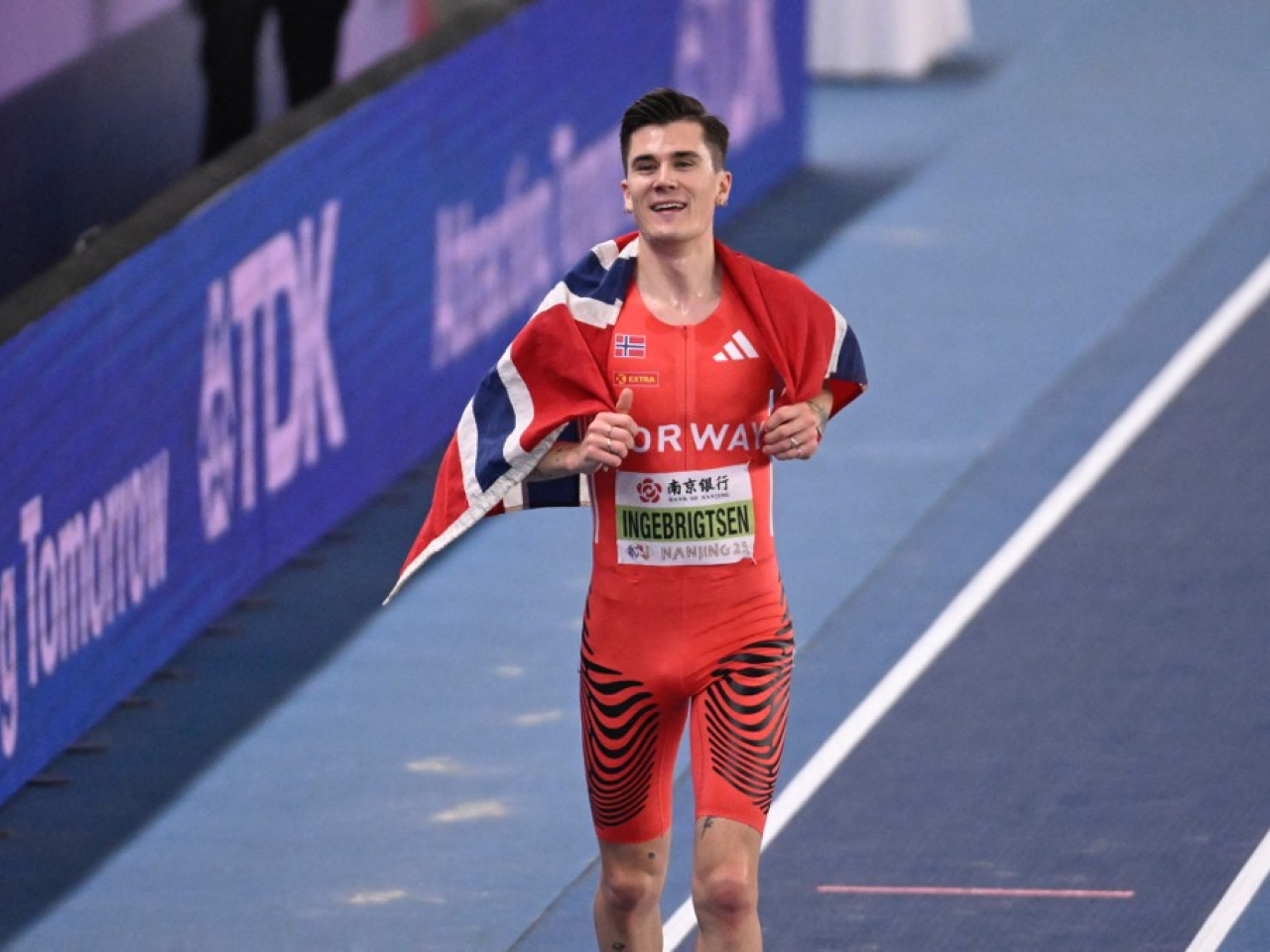 Norway’s Jakob Ingebrigtsen celebrates after winning the men’s 1500m final during the Indoor World Athletics Championships in Nanjing, Jiangsu province. Photo: AFP