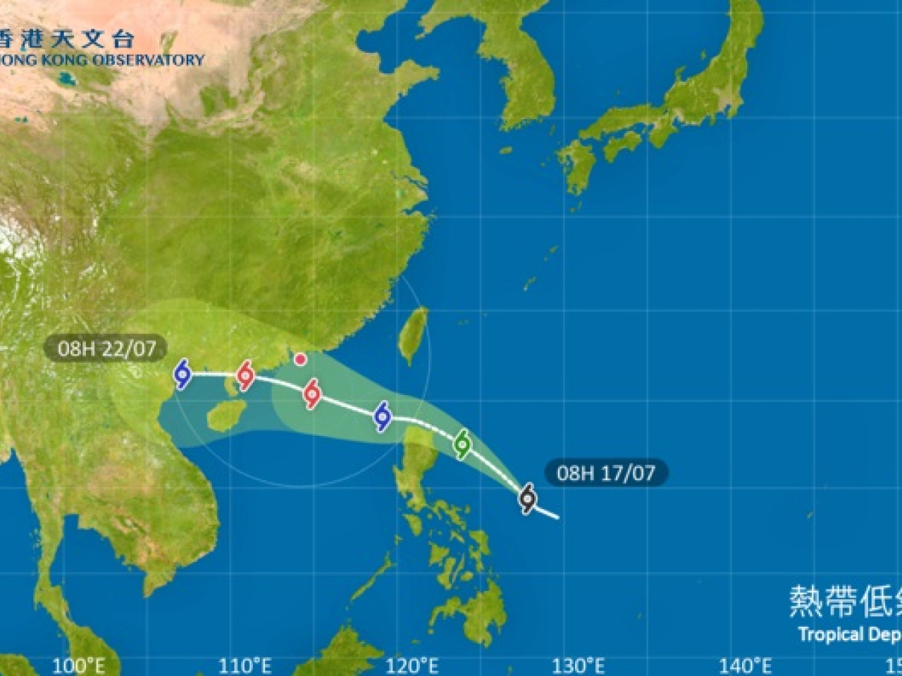 The Observatory says a tropical depression over the east of the Philippines is expected to intensify. Image courtesy of HKO