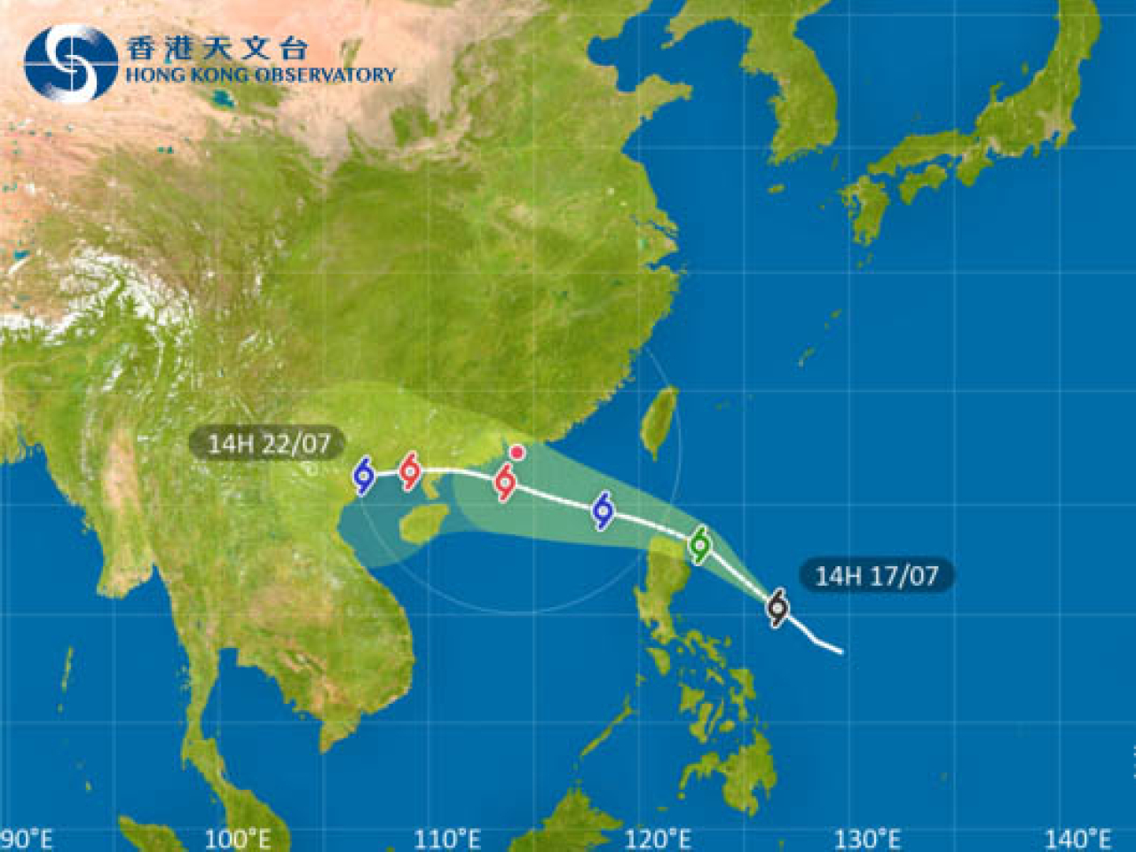 天文台說，受該熱帶氣旋的外圍下沉氣流影響，未來一兩日廣東地區持續酷熱。（天文台網頁圖片）