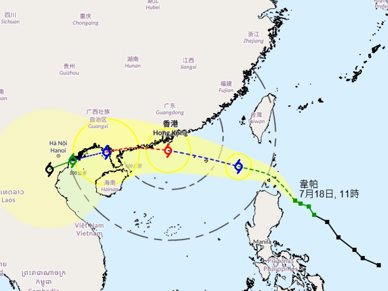 天文台預料韋帕會在今晚至明日初時進入本港800公里範圍。（天文台網頁）