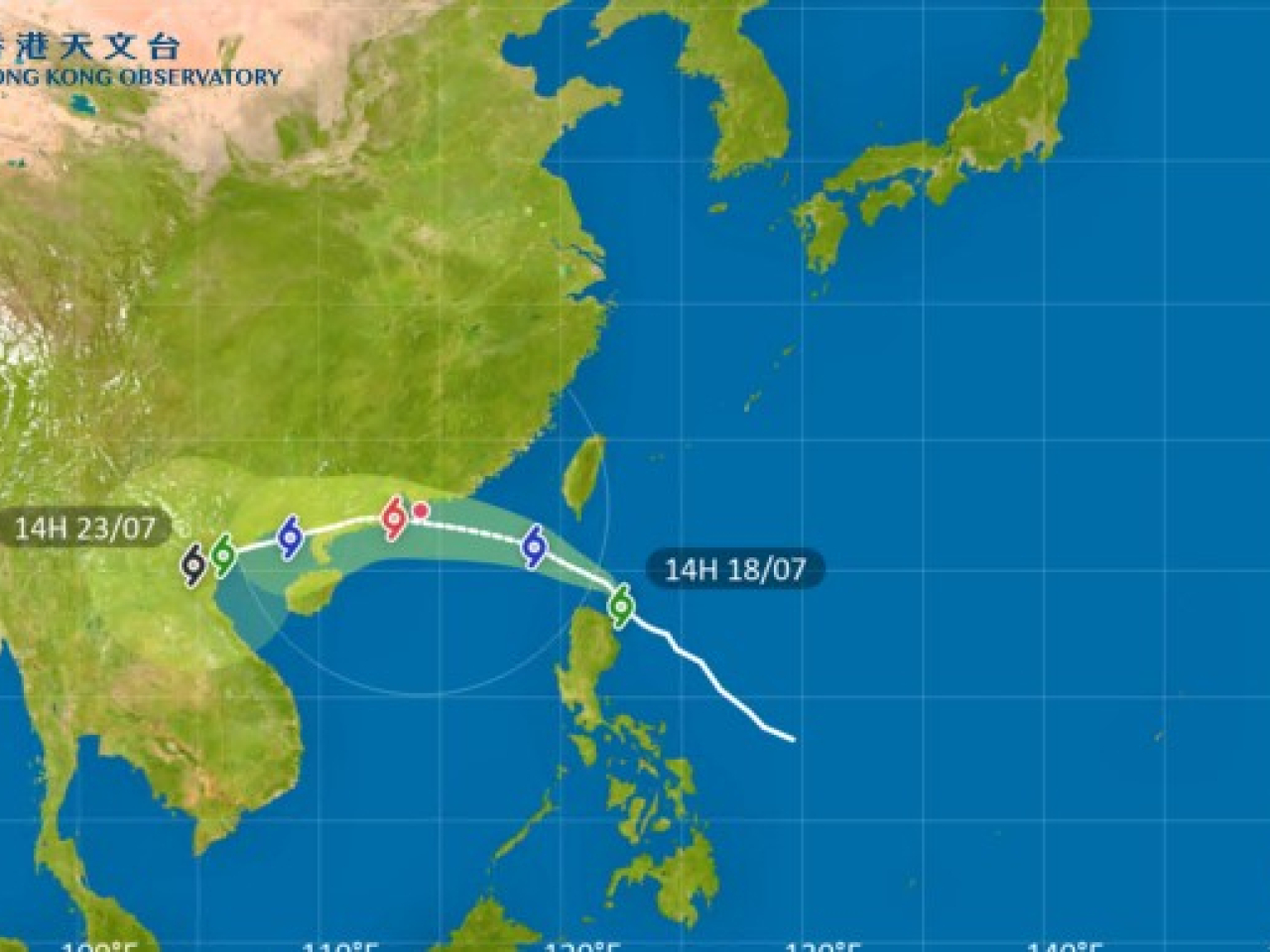 The Standby Signal No 1 is expected to be issued around midnight on Friday and Wipha is expected to skirt around 50 kilometres from Hong Kong on Sunday. Image courtesy of HKO.