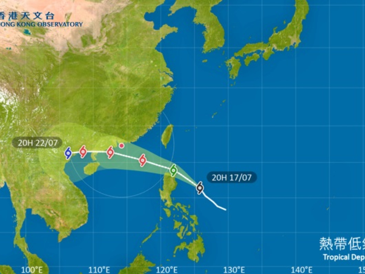 Wipha is expected to skirt around 50 kilometres from Hong Kong on Sunday. Image courtesy of HKO.