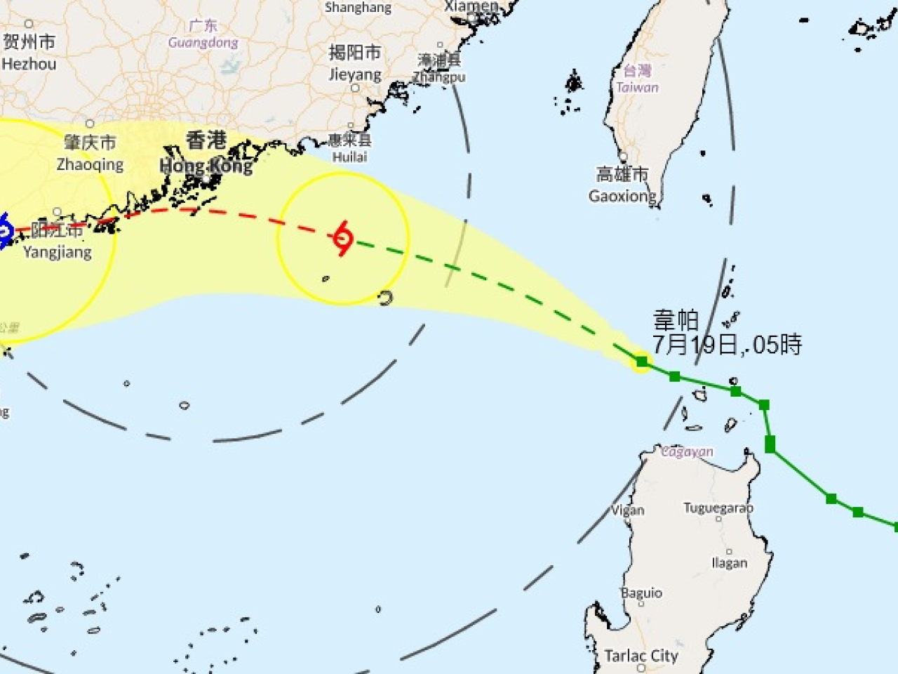 天文台預料，韋帕明日頗為接近珠江口一帶。（天文台網站截圖）