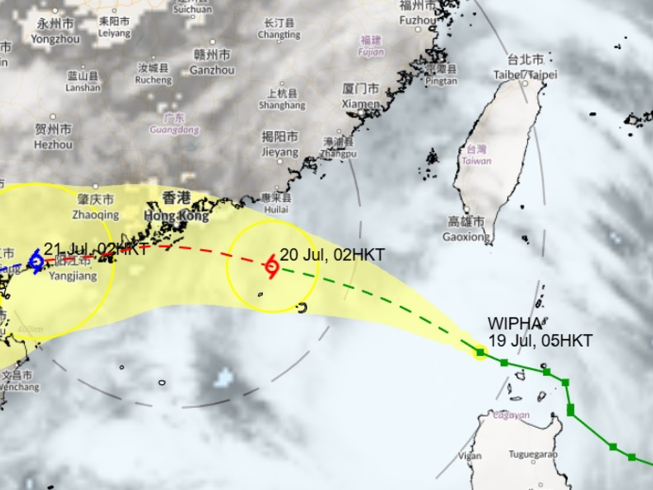 The Observatory says Severe Tropical Storm Wipha will be "rather close" to the Pearl River Estuary on Sunday. Graphic courtesy of the Hong Kong Observatory.