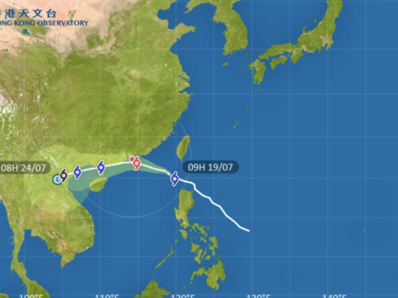 Heavy showers, thunderstorms and strong winds are expected later on Saturday. Image courtesy of Hong Kong Observatory