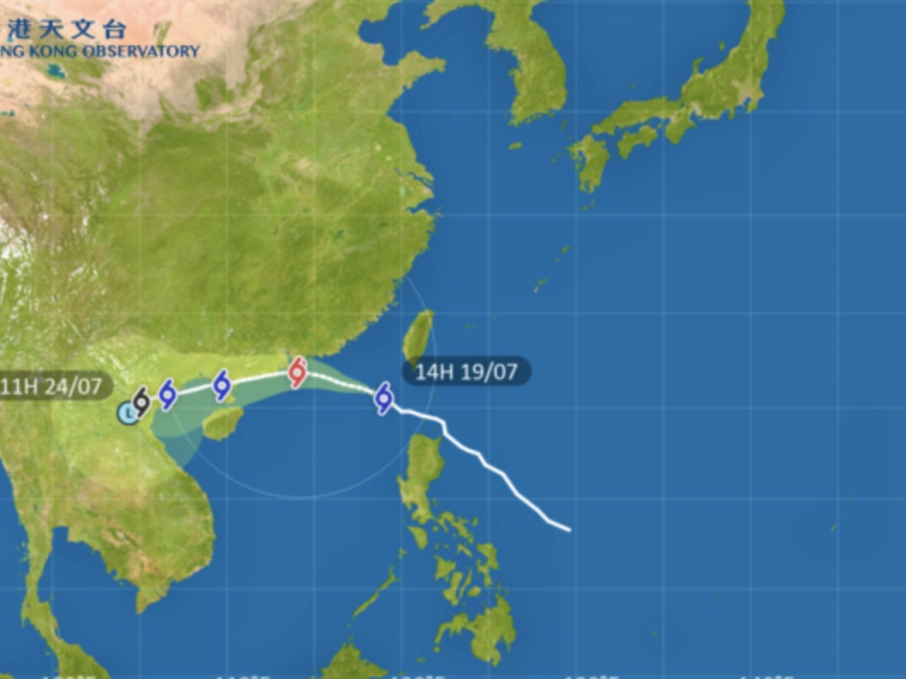 Wipha is expected to intensify and be close to the vicinity of the Pearl River Estuary on Sunday. Image courtesy of the Observatory