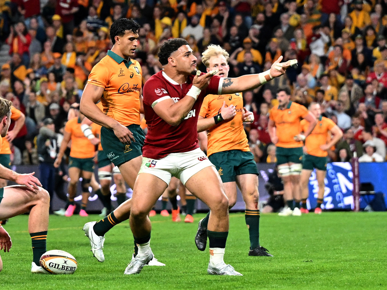 British and Irish Lions' Sione Tuipulotu celebrates scoring a try for the tourists. Photo: Reuters