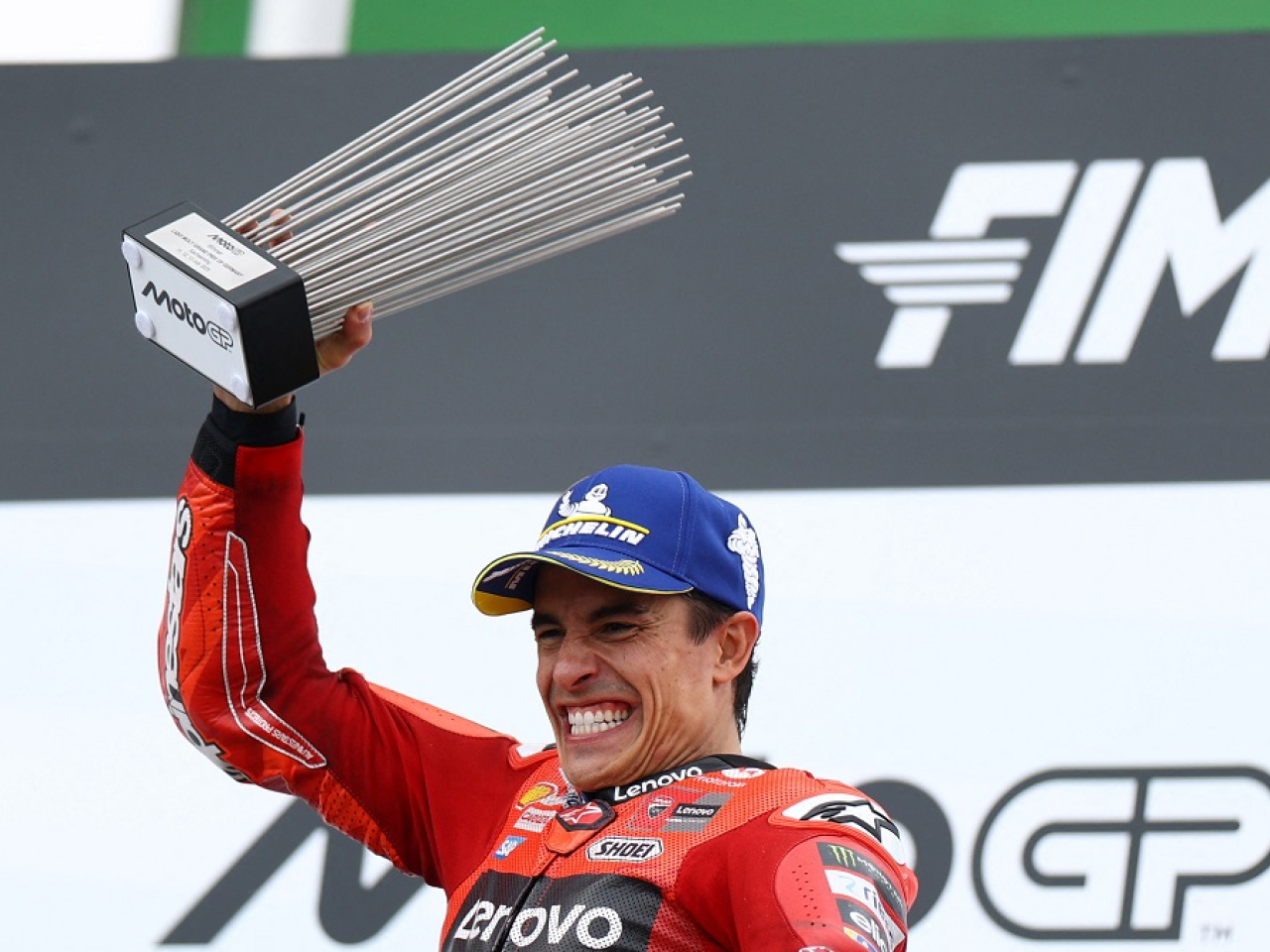 Ducati rider Marquez celebrates his 11th sprint victory in 12 races. Photo: Reuters