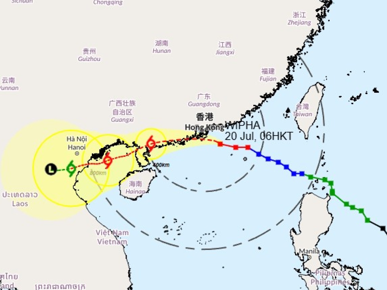 At 6 am, Typhoon Wipha was about 130 km southeast of Hong Kong. Image courtesy of Observatory.