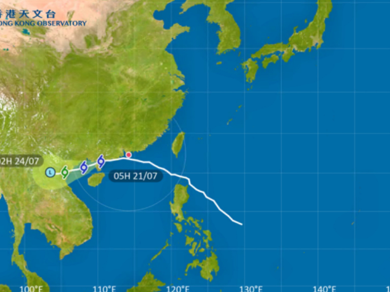天文台說隨著韋帕繼續遠離香港，本地風力進一步緩和。（天文台網頁圖片）