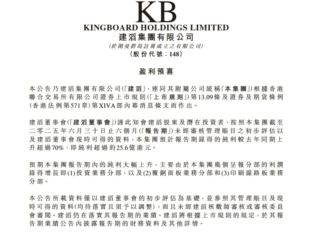 建滔集團預計，至6月底止上半年盈利按年升逾70%，至超過25.6億元。（公告截圖）