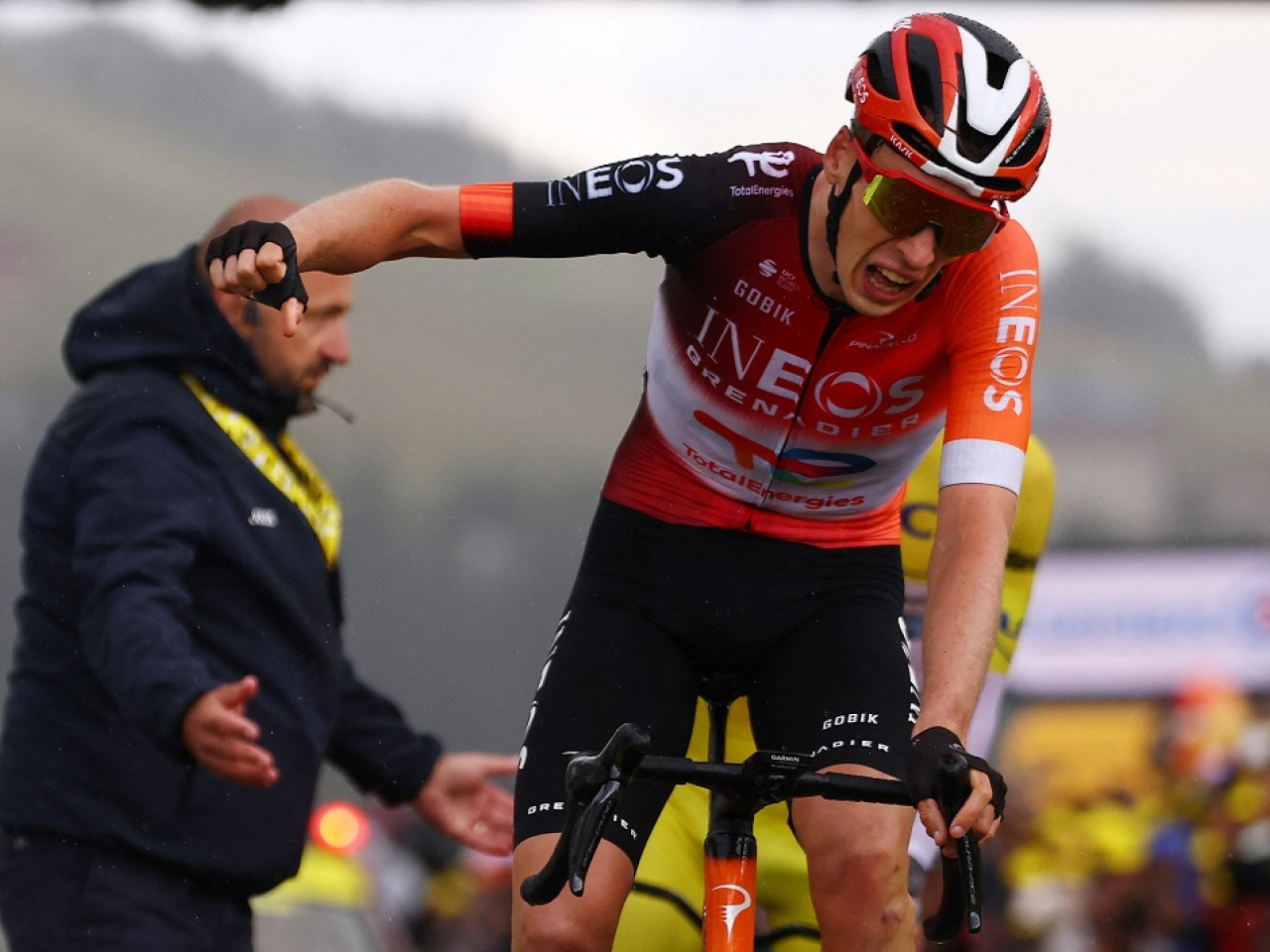 Ineos Grenadiers' Thymen Arensman celebrates winning stage 19 of the Tour de France. Photo: Reuters