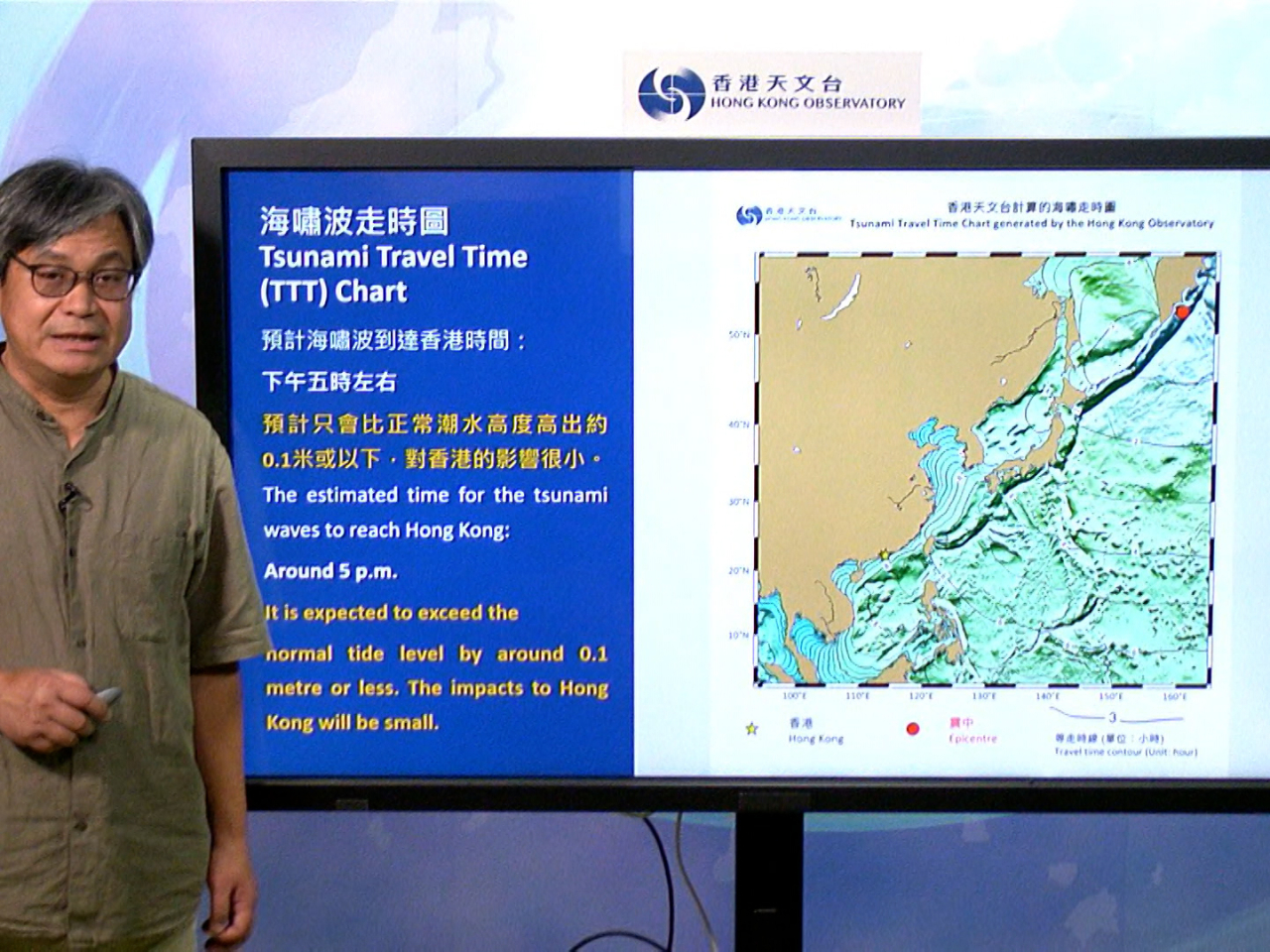 Acting senior scientific officer Hui Tai-wai says the minor tsunami waves will not cause a huge impact to Hong Kong. Photo courtesy of HKO
