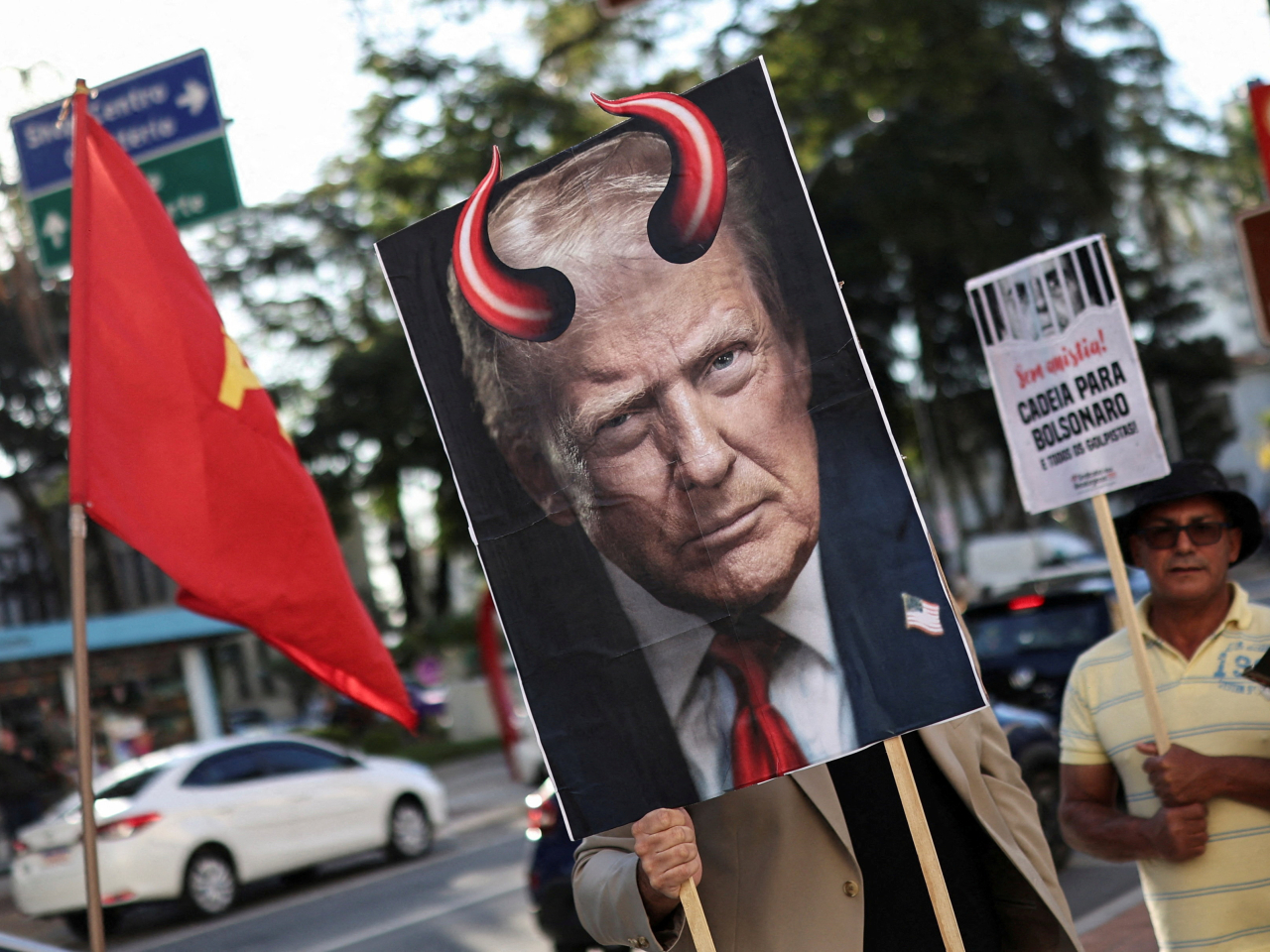 Brazilians protest steep tariffs to be imposed on their country in Sao Jose dos Campos ahead of the Friday deadline. Photo: Reuters