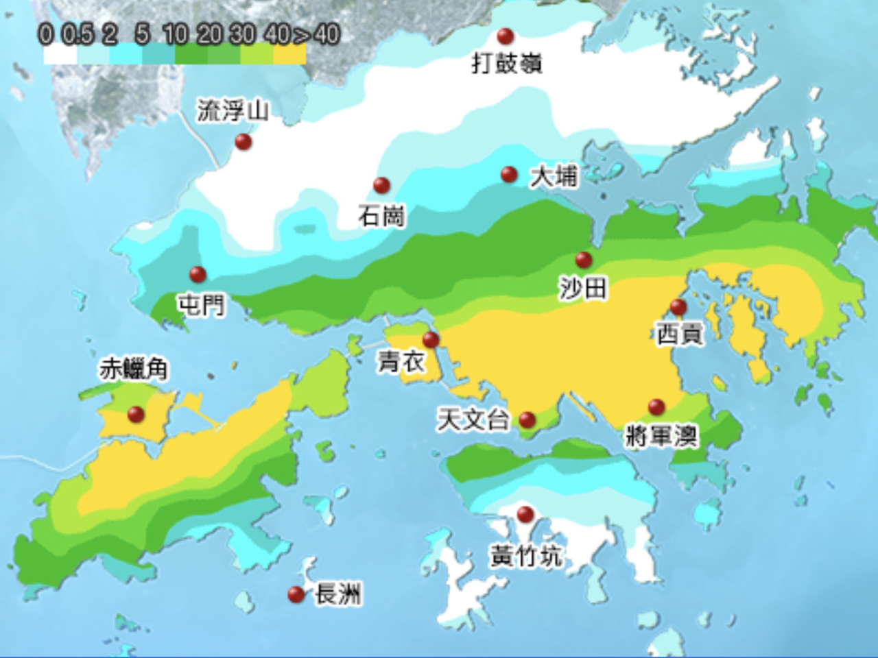 天文台表示，與活躍西南季候風相關的強雷雨帶正影響珠江口一帶。（天文台網頁截圖）