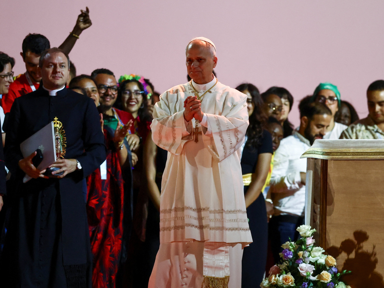 Pope Leo XIV gestures at the end of a vigil for the Jubilee of Youth in Tor Vergata, Rome, Italy. Photo: Reuters