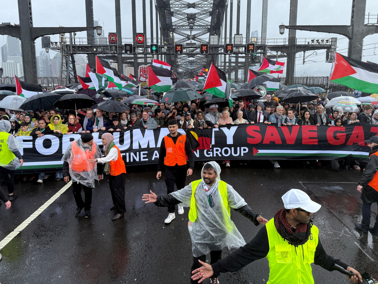 Protesters walk across the Sydney Harbour Bridge during the Palestine Action Group's March for Humanity in Australia. Photo: Reuters