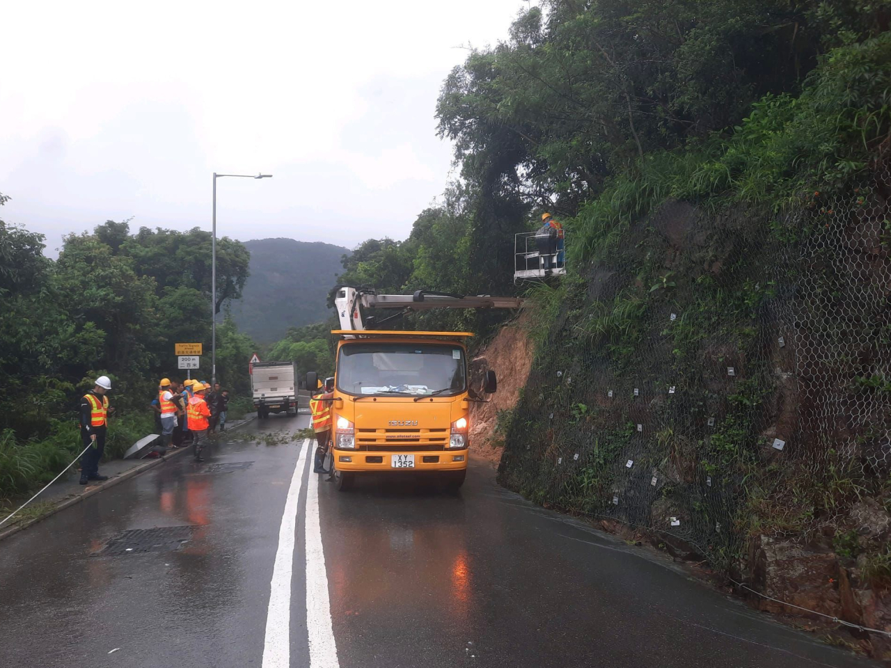 路政署承建商下午在大潭道山泥傾瀉現場，以大型機械緊急移除有倒塌風險樹木。（路政署照片）