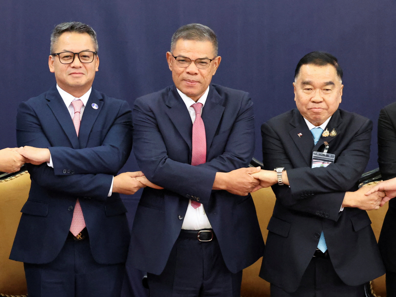 Cambodian Defence Minister Tea Seiha, Malaysian Home Minister Saifuddin Nasution Ismail and Thai Deputy Defence Minister Nattaphon Narkphanit in Kuala Lumpur. Photo: Reuters