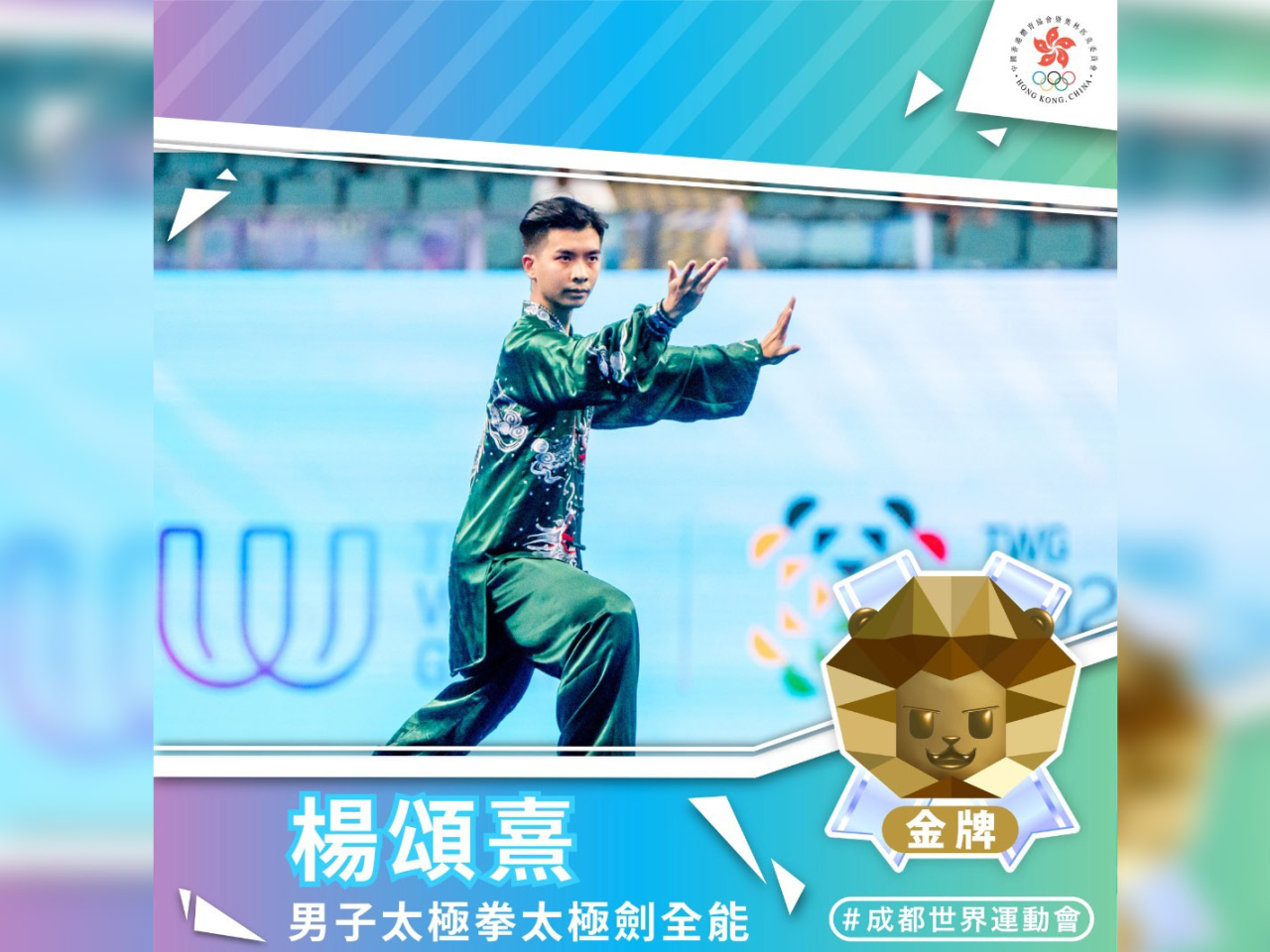 楊頌熹在武術男子太極拳太極劍全能項目奪得金牌。（港協暨奧委會社交網頁）