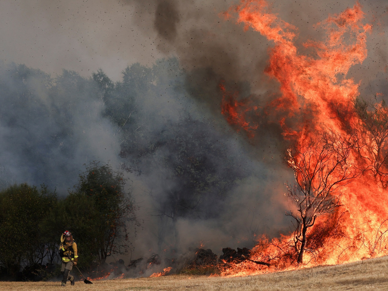 A firefighter battles a wildfire in the village of Parafita in Spain. Photo: Reuters