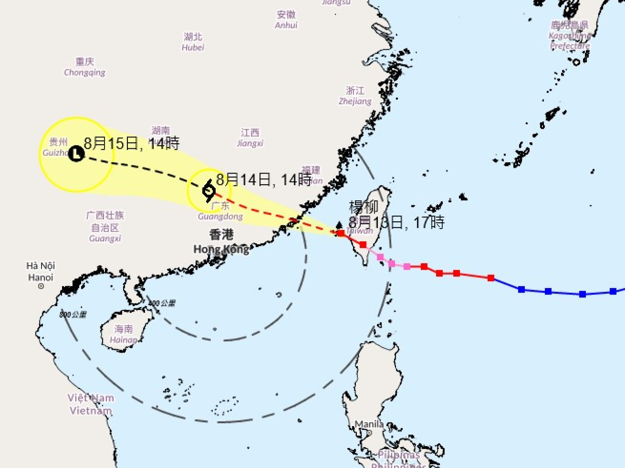 天文台稱，按照現時預測路徑，楊柳將於晚間在福建南部一帶再次登陸。（天文台網頁截圖）