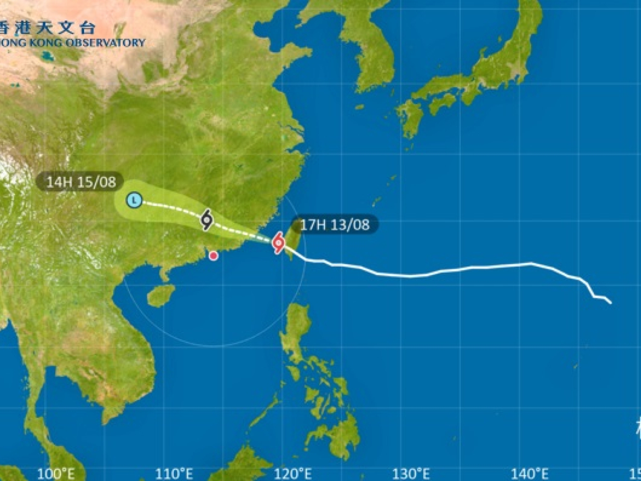 Typhoon Podul is expected to make landfall again over southern Fujian. Image courtesy of the Hong Kong Observatory