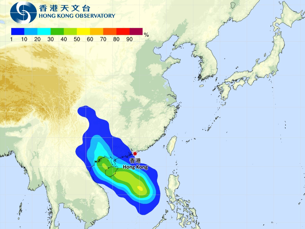 The observatory said a tropical cyclone had come within around 800 kilometres of the city. Image courtesy of HKO