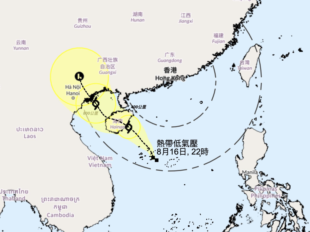 天文台預測熱帶低氣壓會在星期日初時與本港保持超過500公里距離。（天文台網頁截圖）