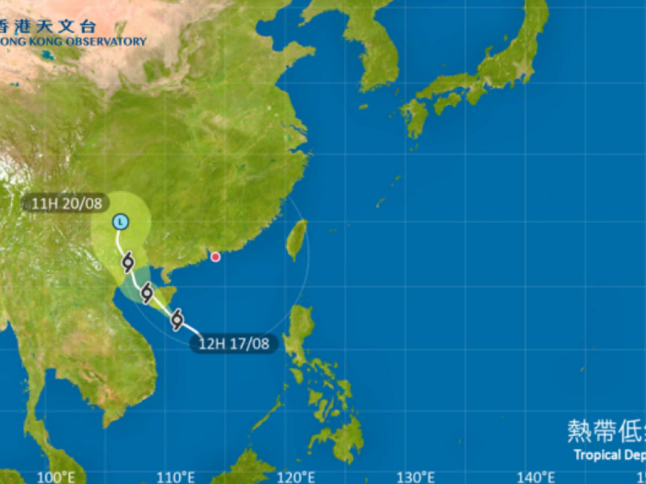 位於南海中北部的熱帶低氣壓，集結在香港西南偏南約640公里，預料向西北移動。（天文台網頁圖片）