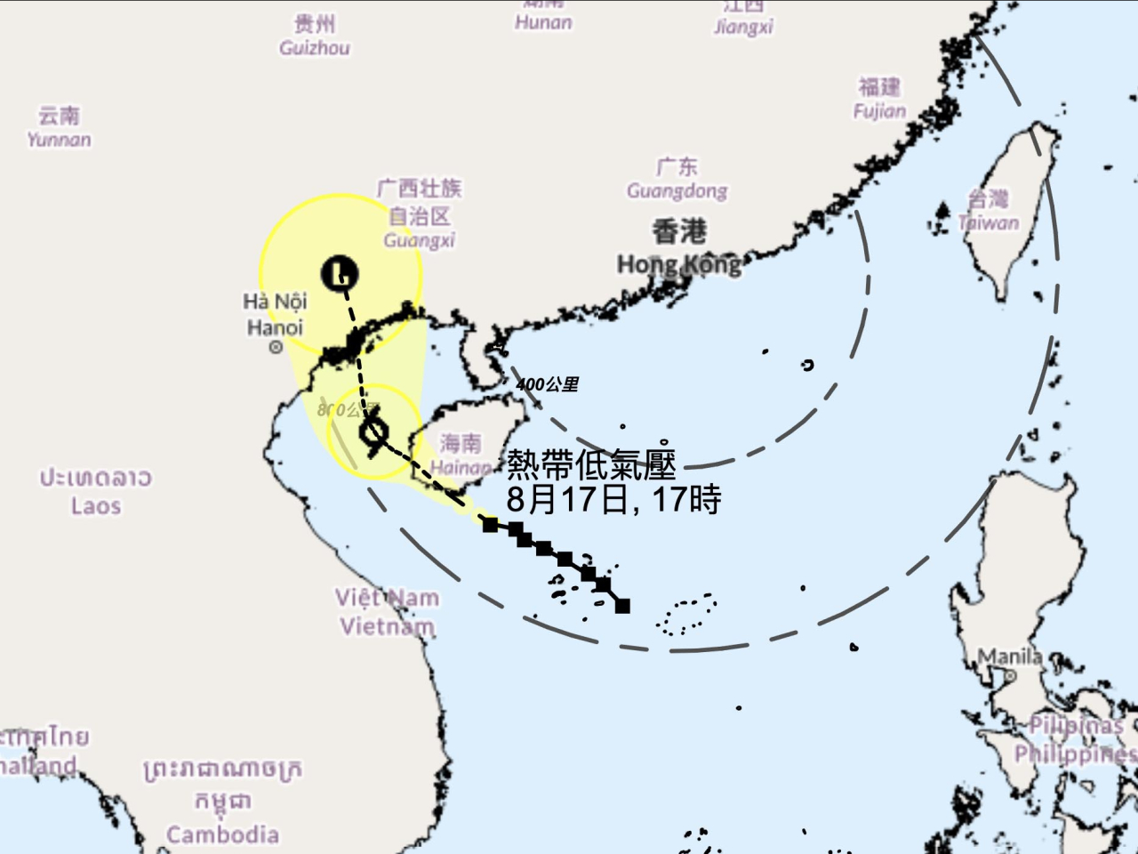 天文台預料熱帶低氣壓會在今晚於海南島西南沿岸地區掠過，進一步遠離本港。（天文台網頁截圖）