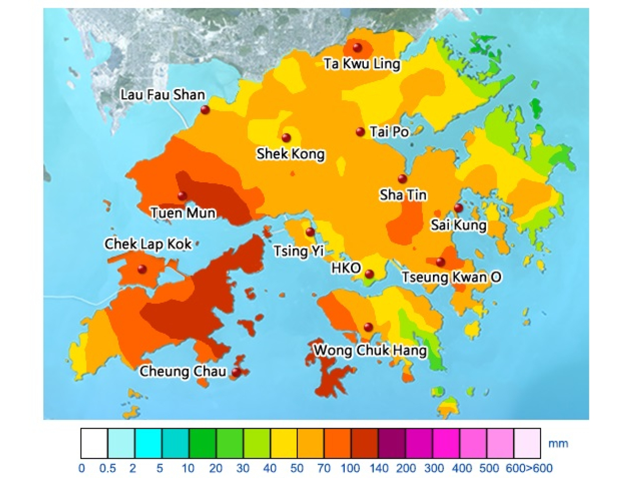 Over 100mm of rain were recorded in the Islands District and in Tuen Mun. Graphic courtesy of the Hong Kong Observatory