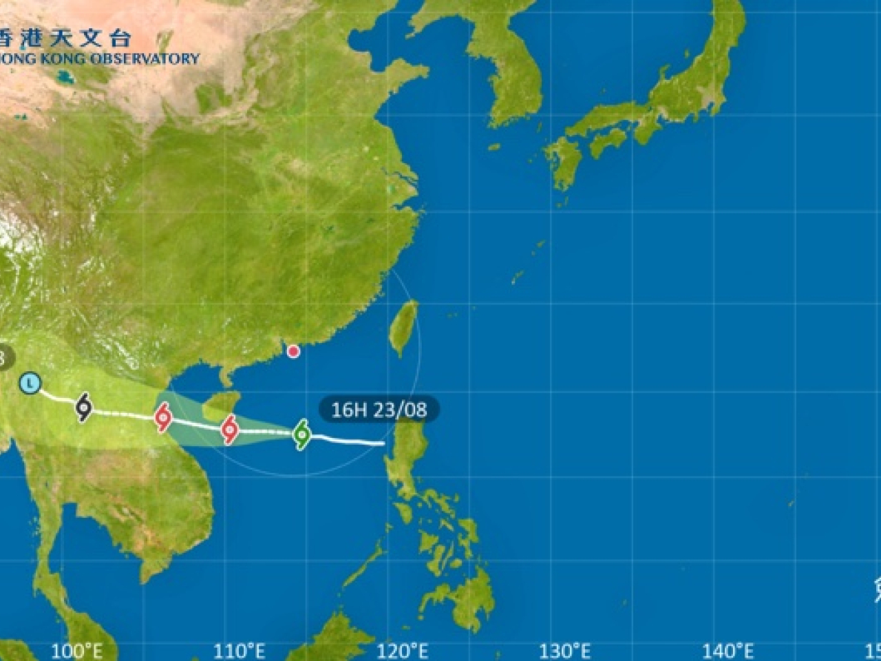 The Standby Signal No 1 has been extended until Sunday morning unless tropical cyclone Kajiki intensifies significantly or adopts a more northerly track. Image courtesy of HKO