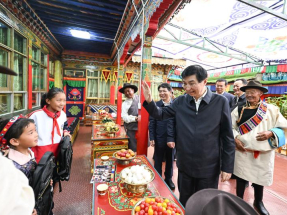 王滬寧和中央代表團部分成員昨日到西藏白朗縣嘎東鎮阿亞村考察鄉村振興工作，了解群眾生產生活情況。(新華社)