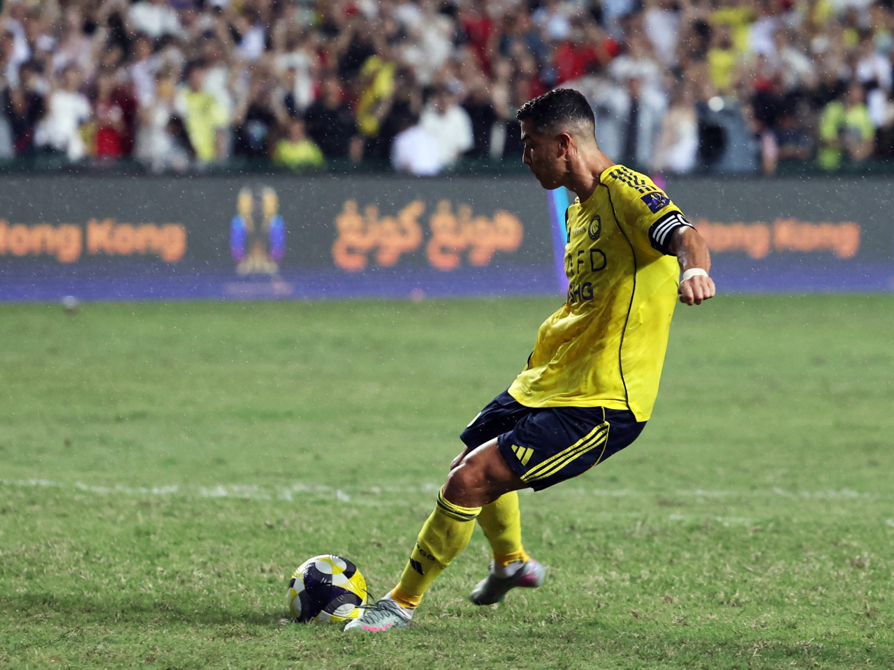 Al-Nassr's Cristiano Ronaldo scores in the penalty shootout, but it wasn't enough to clinch his team the Saudi Super Cup title. Photo: Reuters