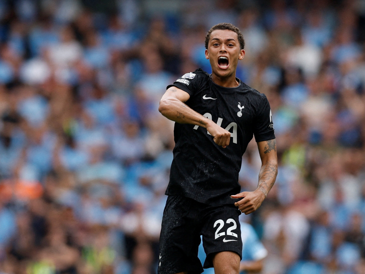 Tottenham Hotspur's Brennan Johnson reacts after scoring their first goal of the match. Photo: Reuters