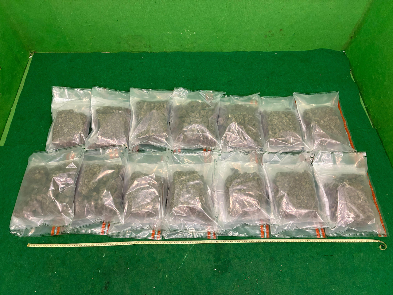 海關在一名從泰國曼谷抵港男子的寄艙行李內14個真空包裝膠袋中，發現重約7公斤的懷疑大麻花。（政府新聞處）