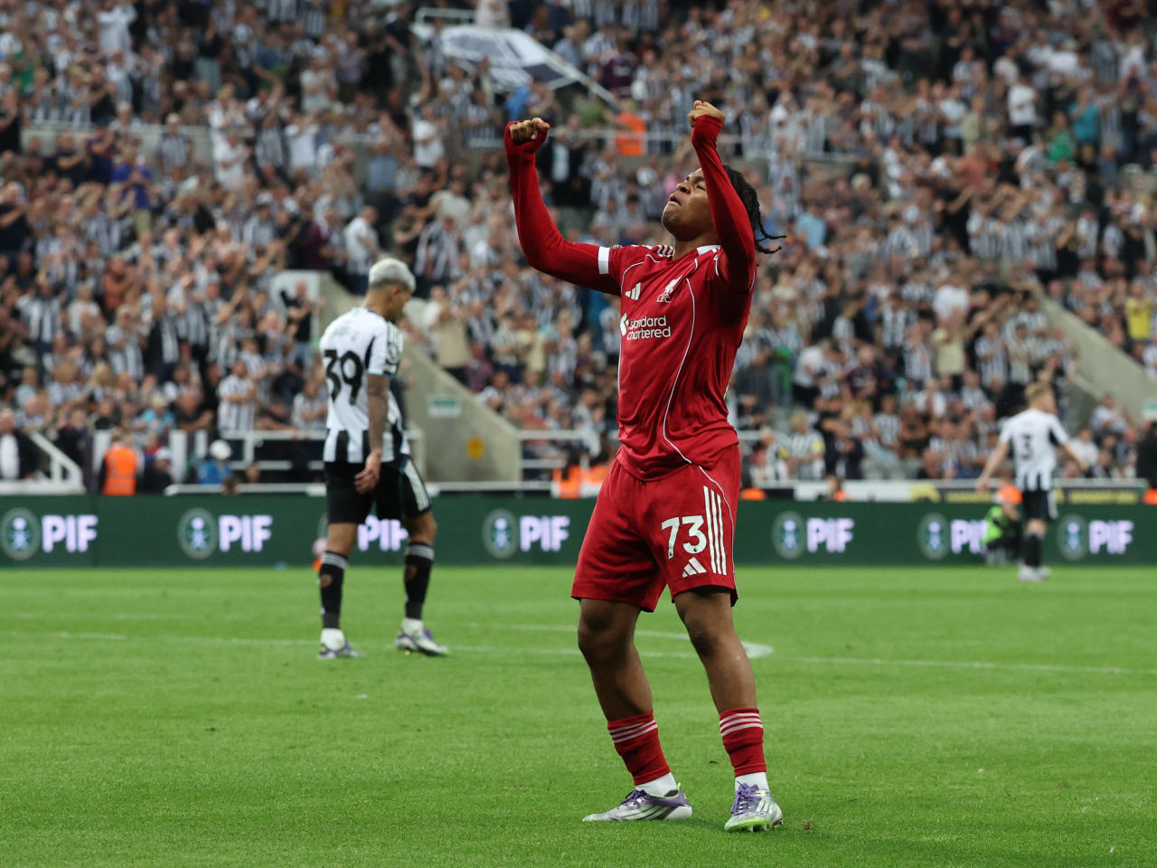 16-year-old Ngumoha was the hero for Liverpool late in stoppage time against Newcastle. Photo: Reuters