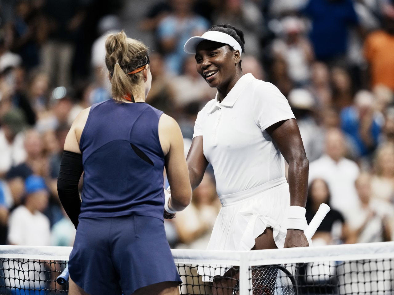 Venus Williams, 45, greets Karolina Muchova following her first-round loss at Flushing Meadows. Photo: Reuters