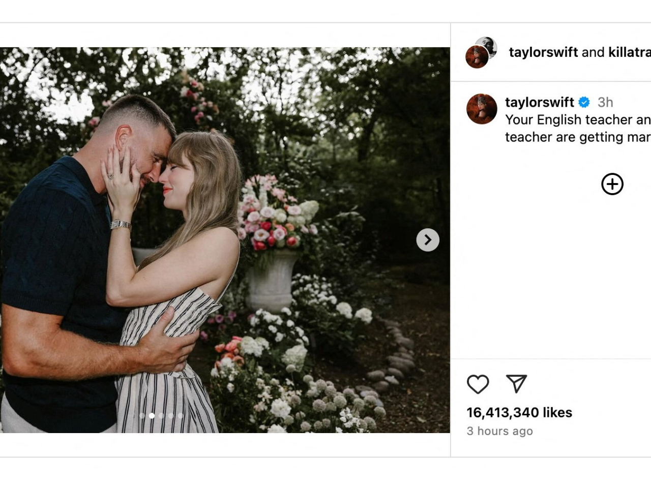 Singer Taylor Swift and her boyfriend Travis Kelce announced their engagement in a joint Instagram post. Photo: Reuters