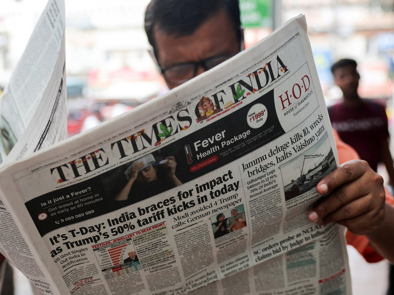 Higher US tariffs on goods from India is the lead story in The Times of India newspaper. Photo: Reuters