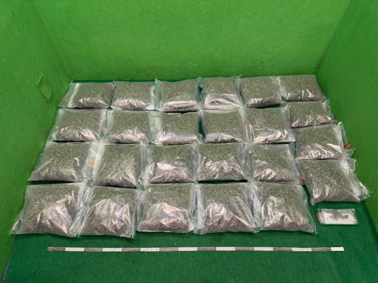 海關人員在其中一名男旅客的寄艙行李內，發現重約12公斤的懷疑大麻花。（政府新聞處）