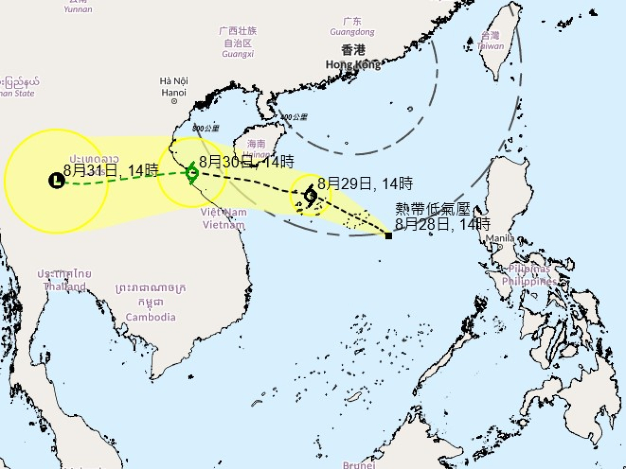 天文台稱，在南海中北部的熱帶低氣壓即將進入本港800公里範圍內。 (天文台網頁截圖)
