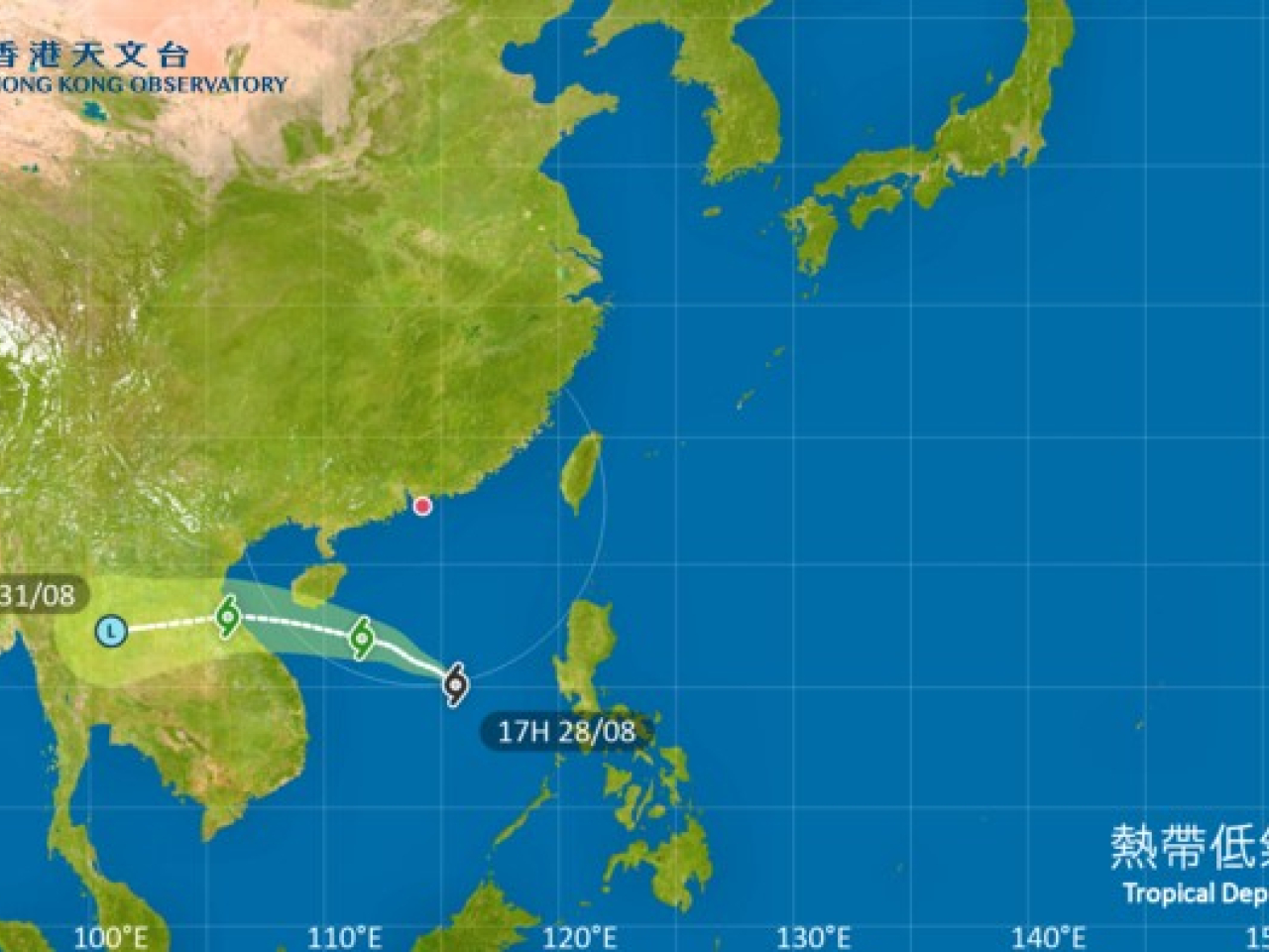 The tropical depression is expected to be closest to Hong Kong at around noon on Friday. Image courtesy of the Hong Kong Observatory