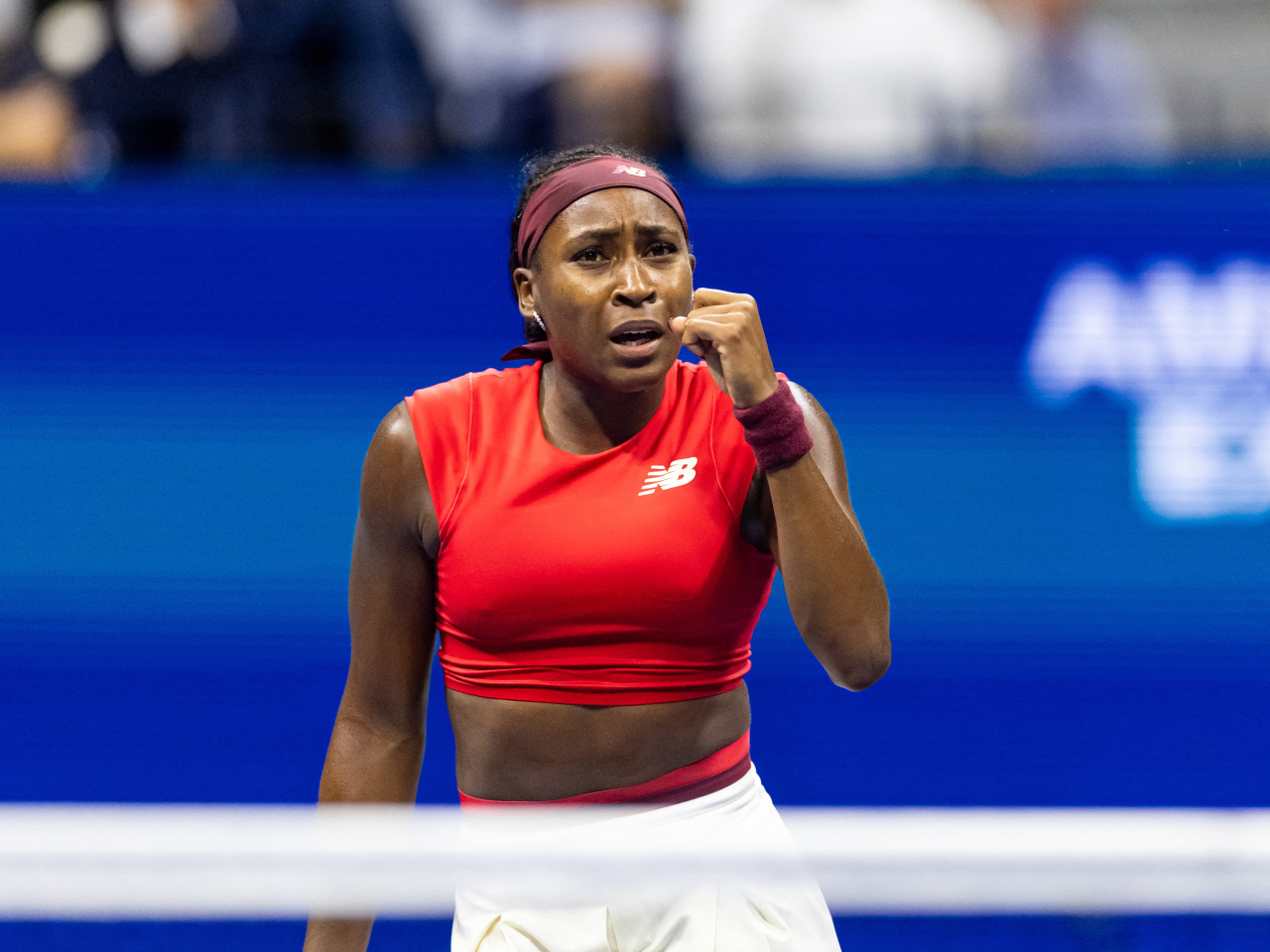 Coco Gauff shows her more vulnerable side as she pumps up a winning point against Donna Vekic. Photo: Reuters